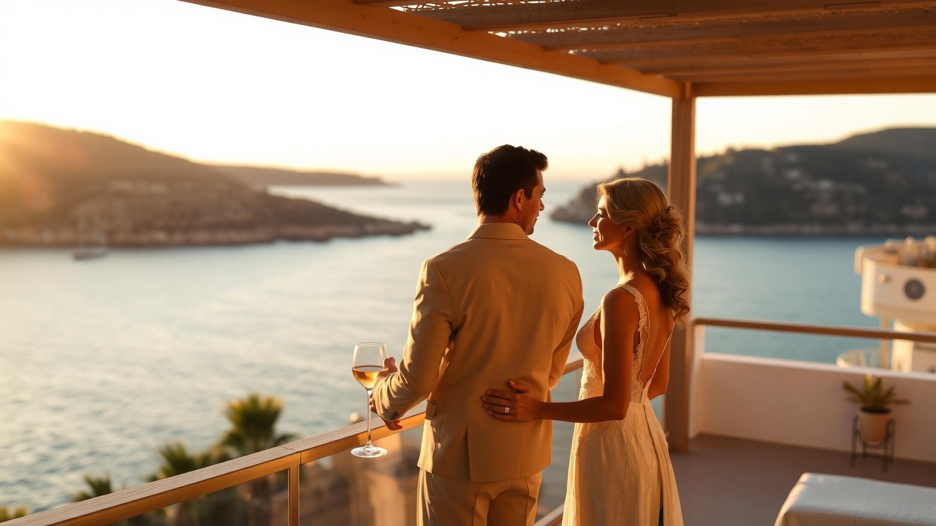 Couple at golden hour on a private terrace overlooking the sea