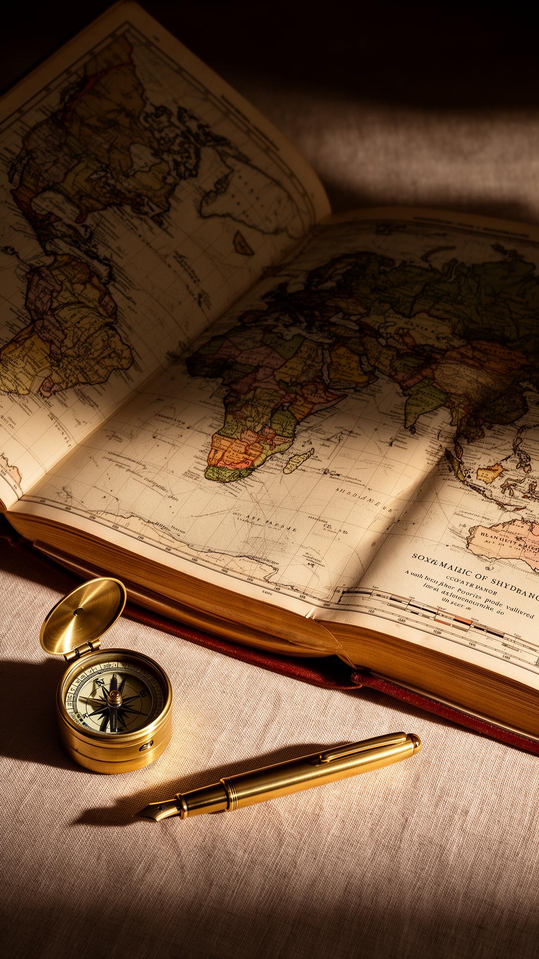 Open atlas with brass compass and fountain pen