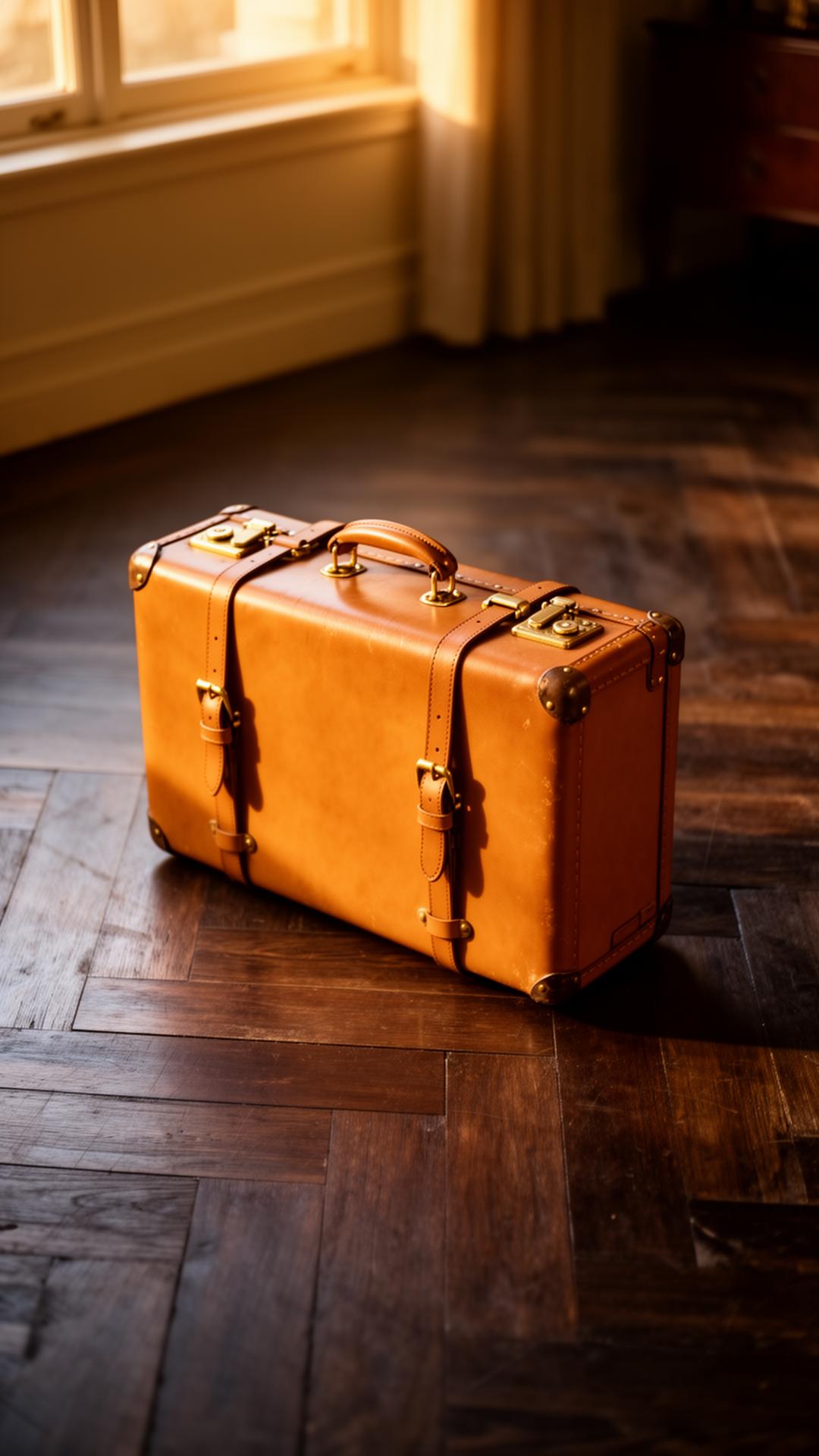 Tailored leather suitcase on herringbone parquet